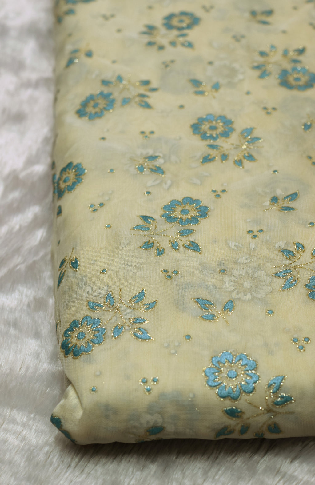Pastel Yellow & Blue Floral Organza Fabric | Gold Foil Floral Print | 44 Inch Width | 2.5 Metres