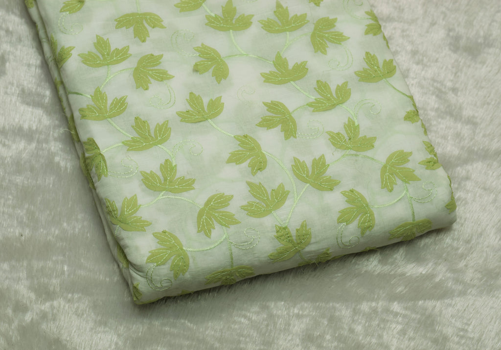 Pastel Green Floral Leaf Appliqué Floral Mul Chanderi Dress Material – 2.5 Mtr Top Fabric