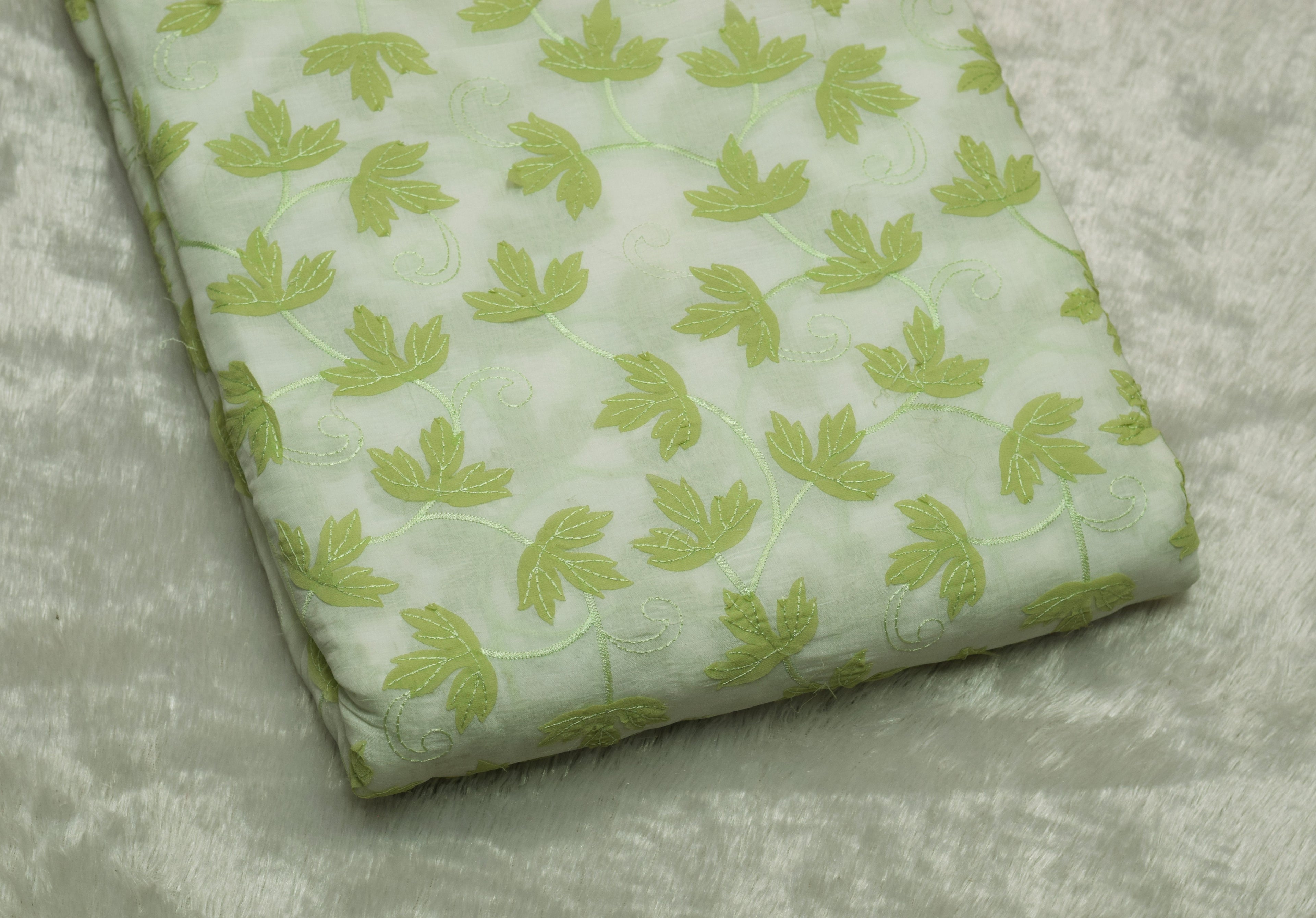 Pastel Green Floral Leaf Appliqué Floral Mul Chanderi Dress Material – 2.5 Mtr Top Fabric