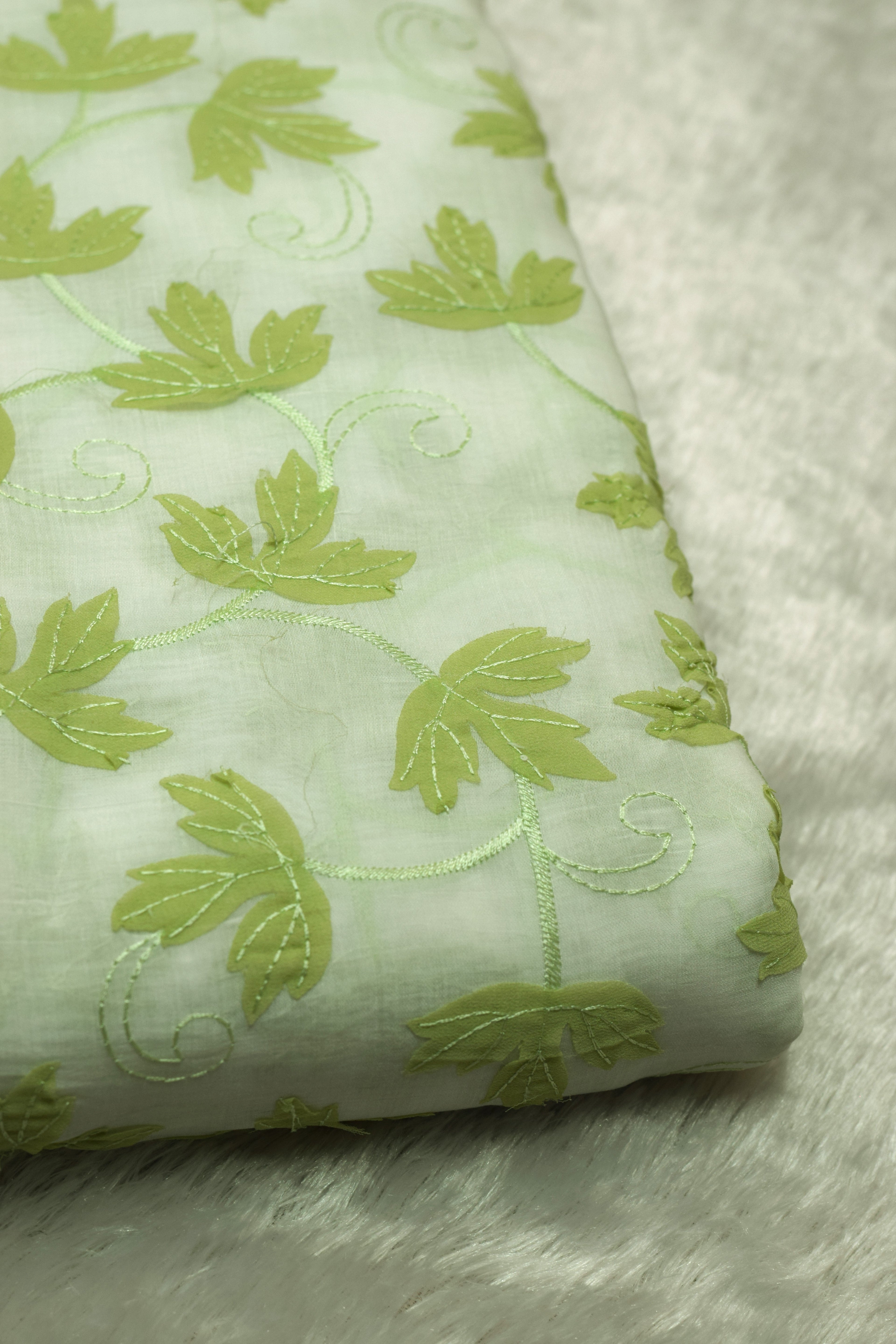 Pastel Green Floral Leaf Appliqué Floral Mul Chanderi Dress Material – 2.5 Mtr Top Fabric