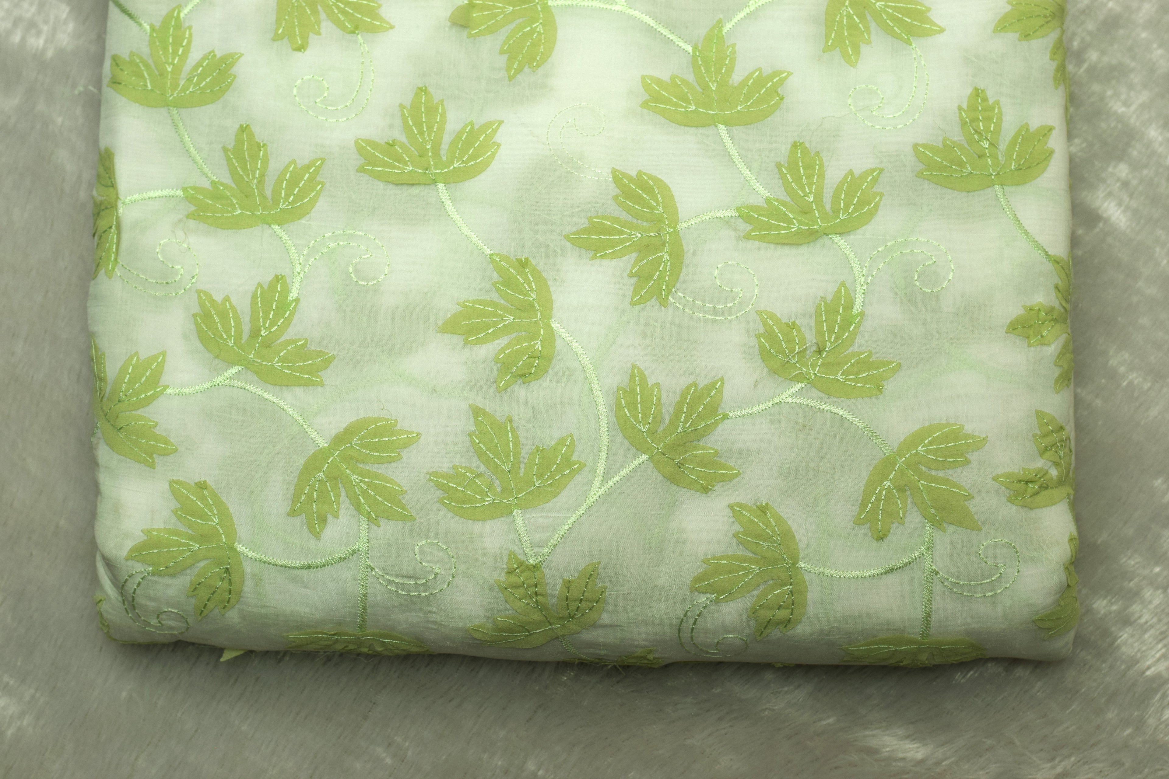 Pastel Green Floral Leaf Appliqué Floral Mul Chanderi Dress Material – 2.5 Mtr Top Fabric