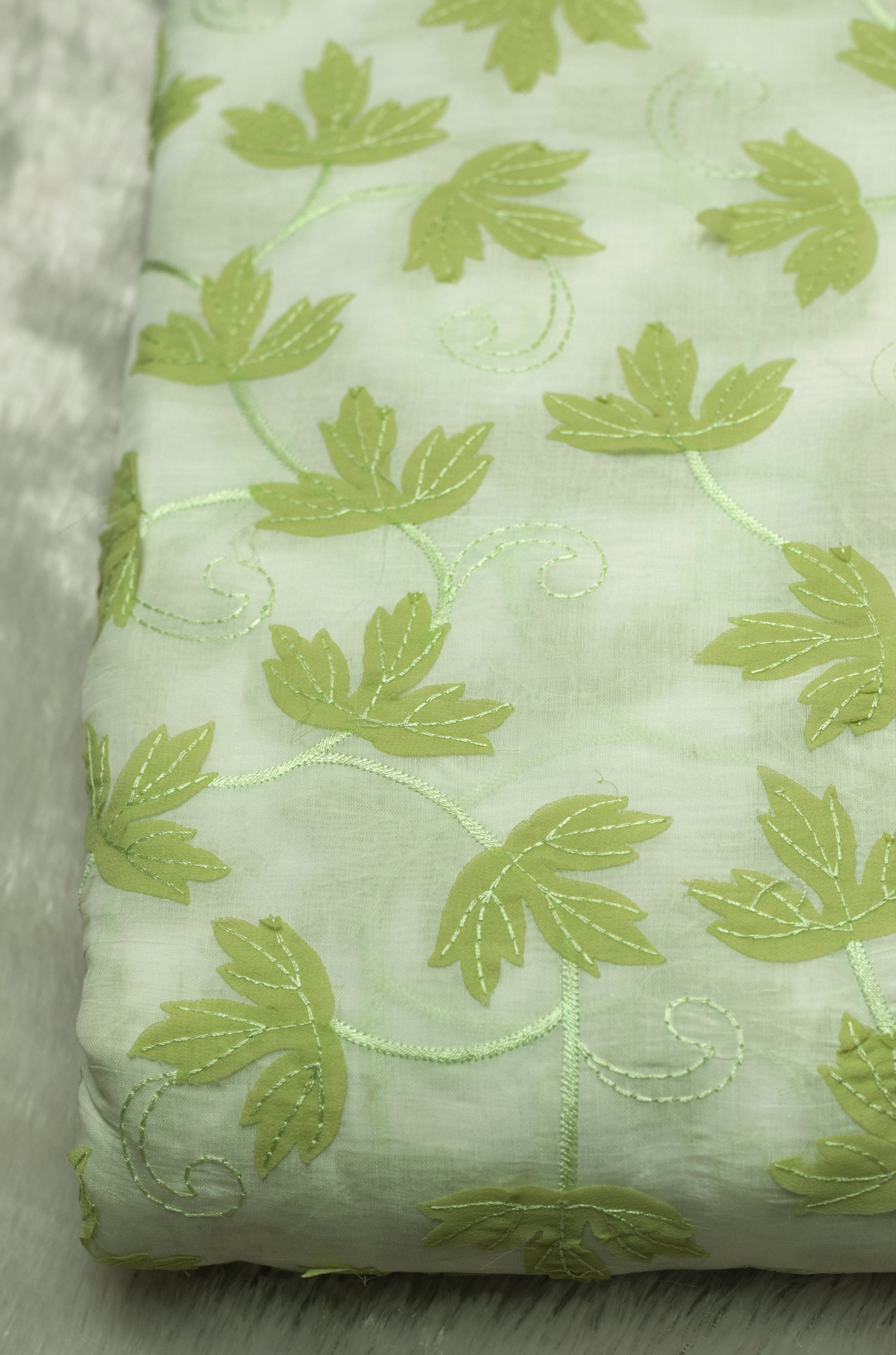 Pastel Green Floral Leaf Appliqué Floral Mul Chanderi Dress Material – 2.5 Mtr Top Fabric