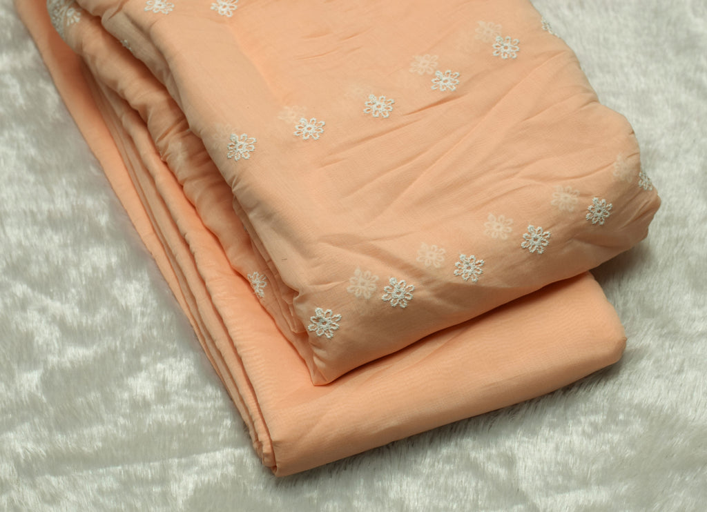 Peach Mul Chanderi Dress Material with Floral Embroidery – Top & Bottom Set