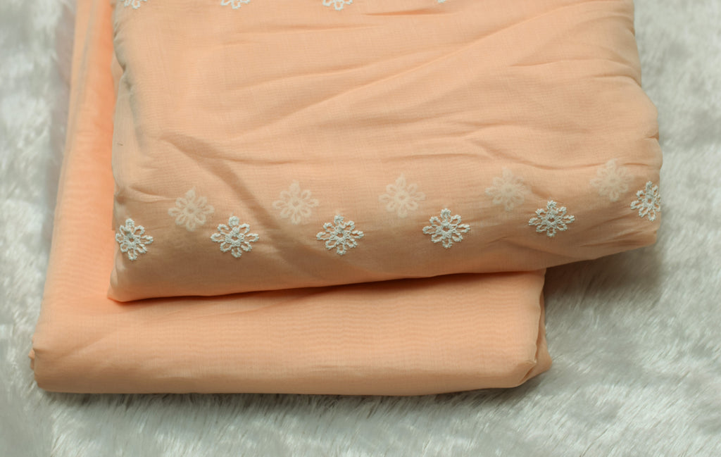 Peach Mul Chanderi Dress Material with Floral Embroidery – Top & Bottom Set