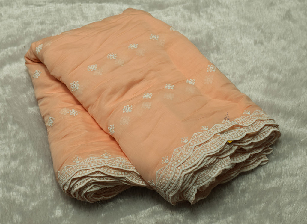Peach Mul Chanderi Dress Material with Floral Embroidery – Top & Bottom Set