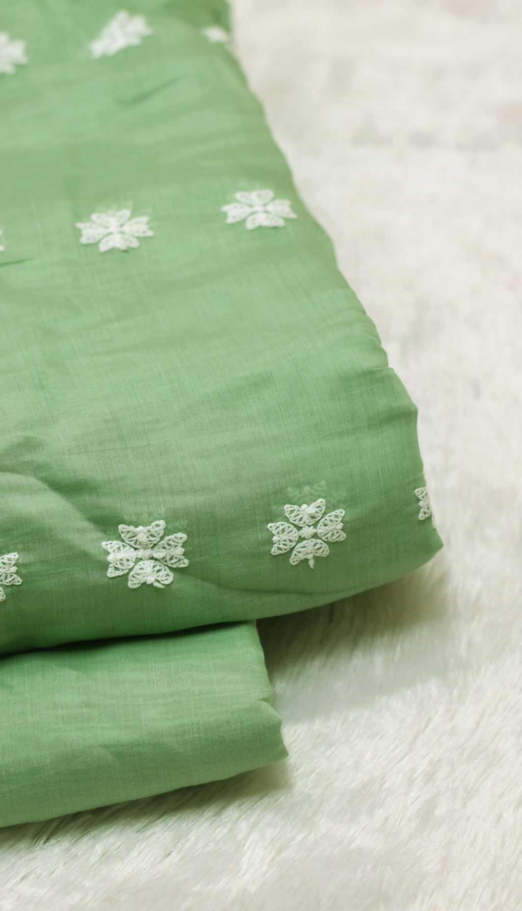 Pastel Green Mul Chanderi Dress Material with Floral Appliqué Work