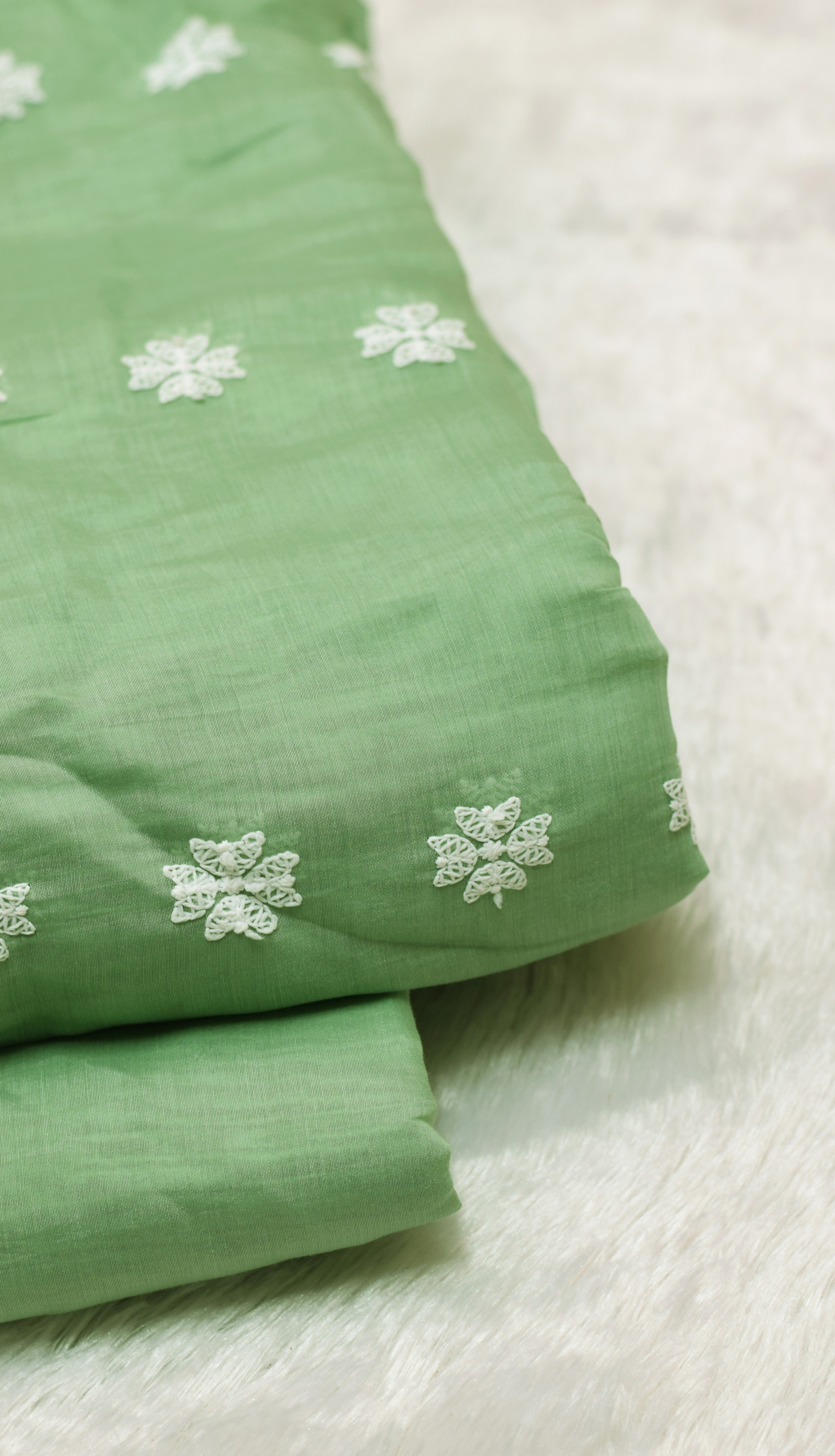 Pastel Green Mul Chanderi Dress Material with Floral Appliqué Work