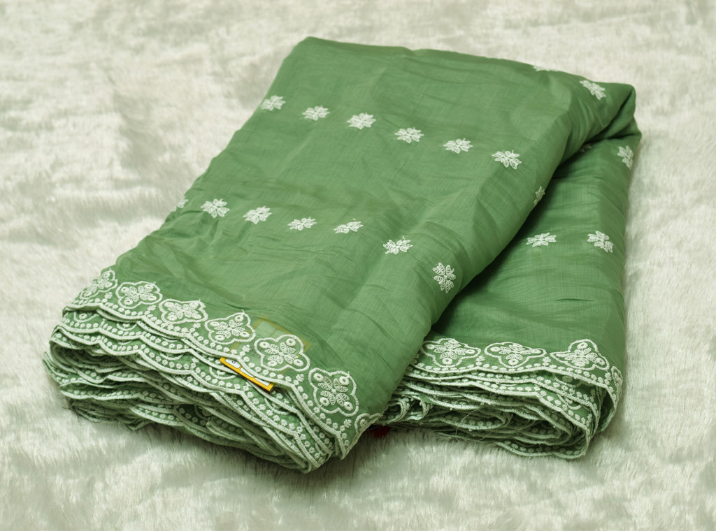 Pastel Green Mul Chanderi Dress Material with Floral Appliqué Work
