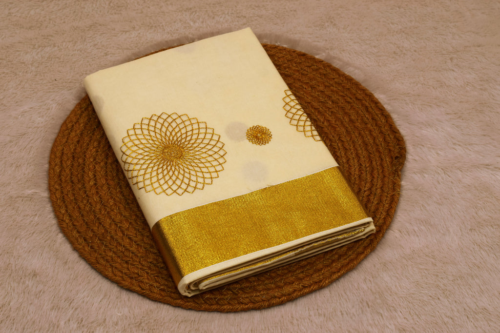 Kerala Kasavu Saree with Golden Floral Motif & Blouse