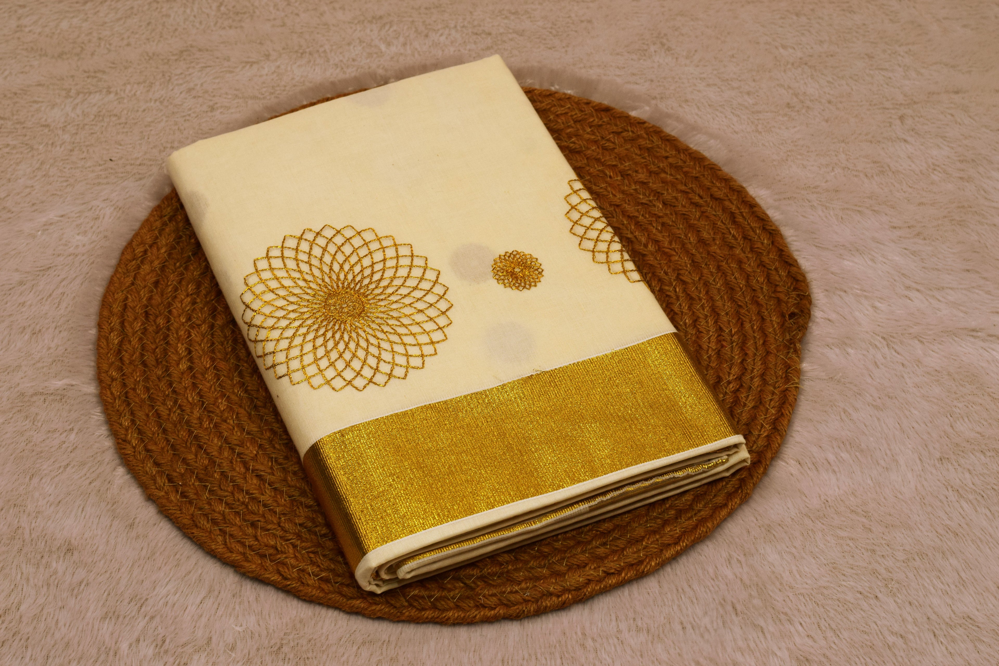 Kerala Kasavu Saree with Golden Floral Motif & Blouse