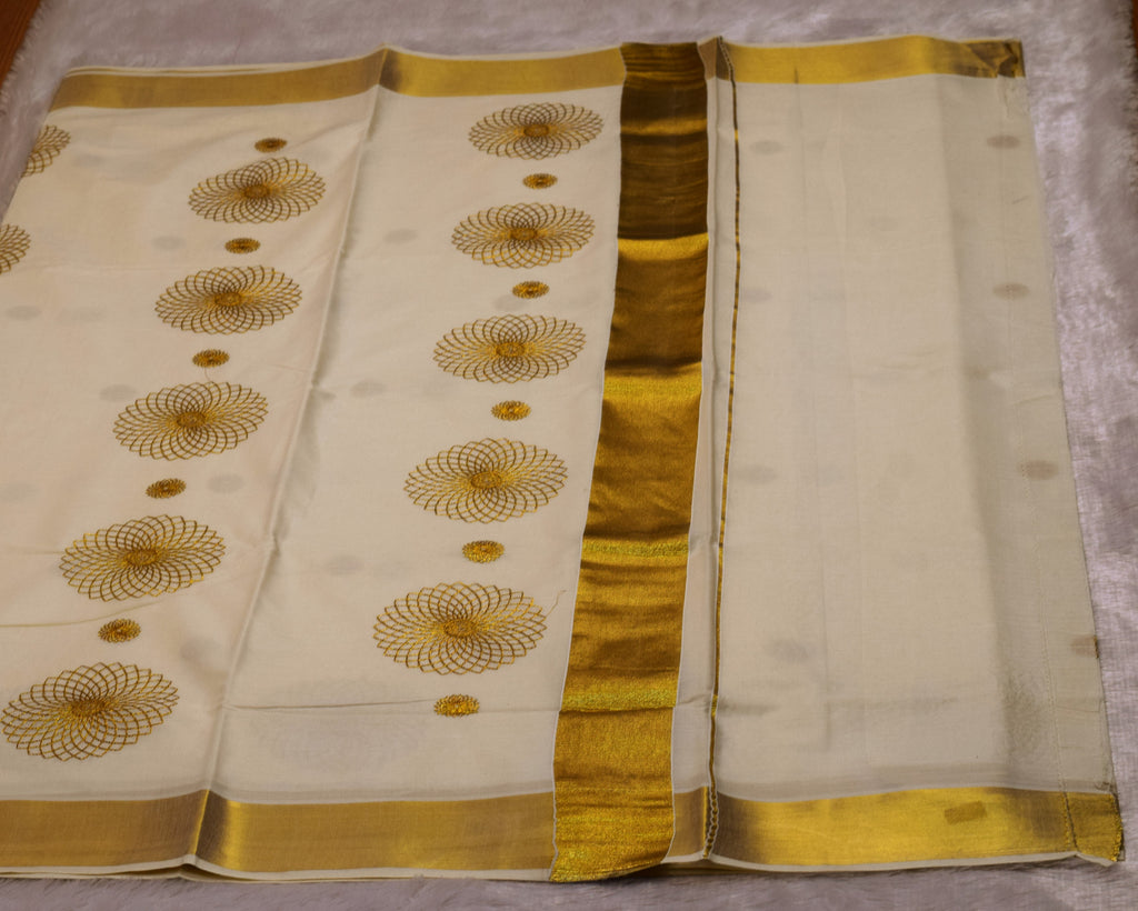Kerala Kasavu Saree with Golden Floral Motif & Blouse