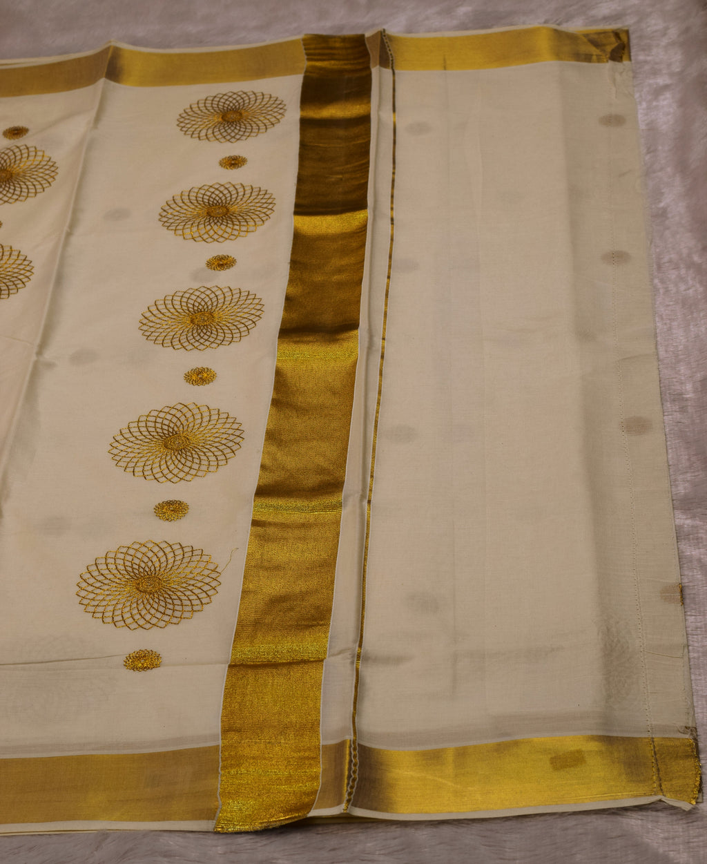 Kerala Kasavu Saree with Golden Floral Motif & Blouse