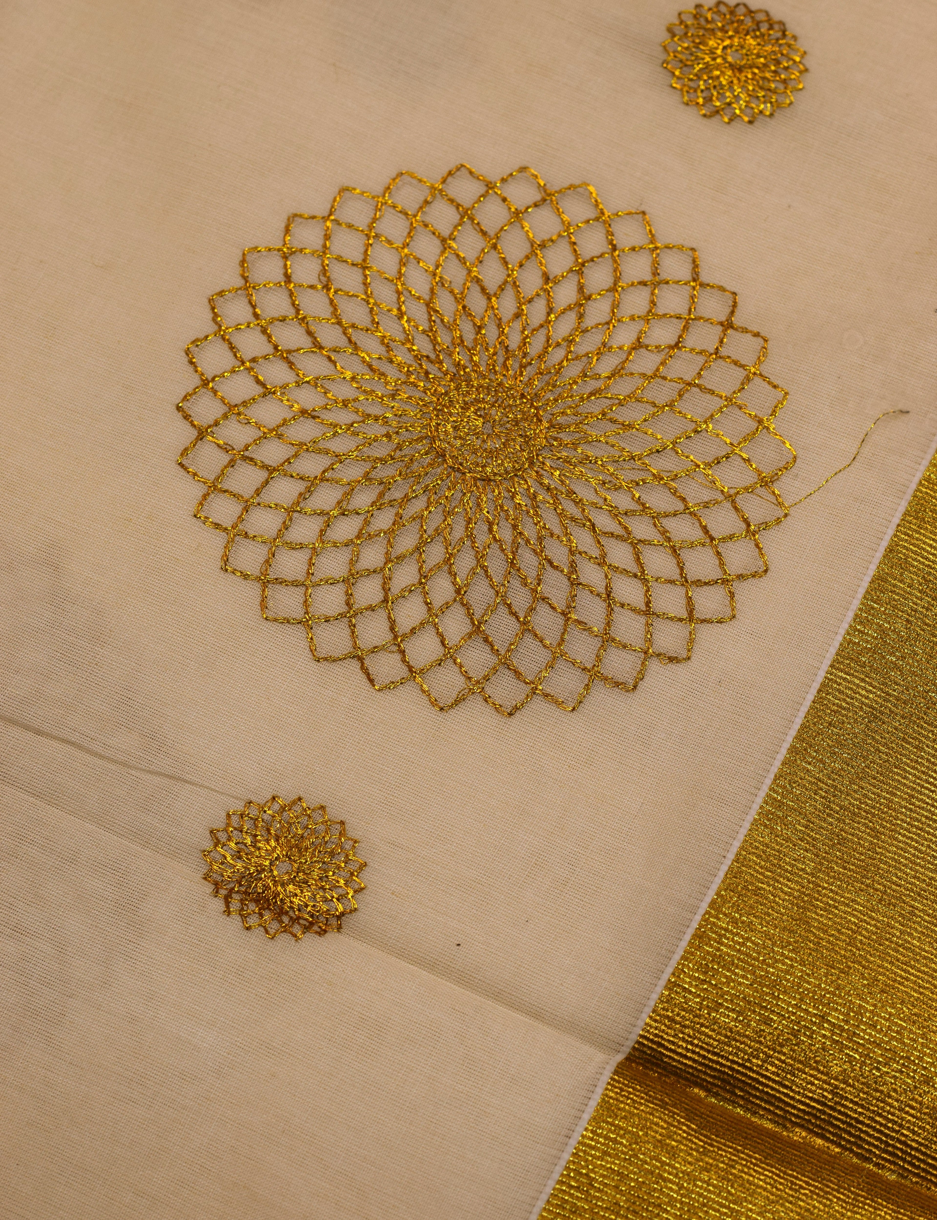 Kerala Kasavu Saree with Golden Floral Motif & Blouse