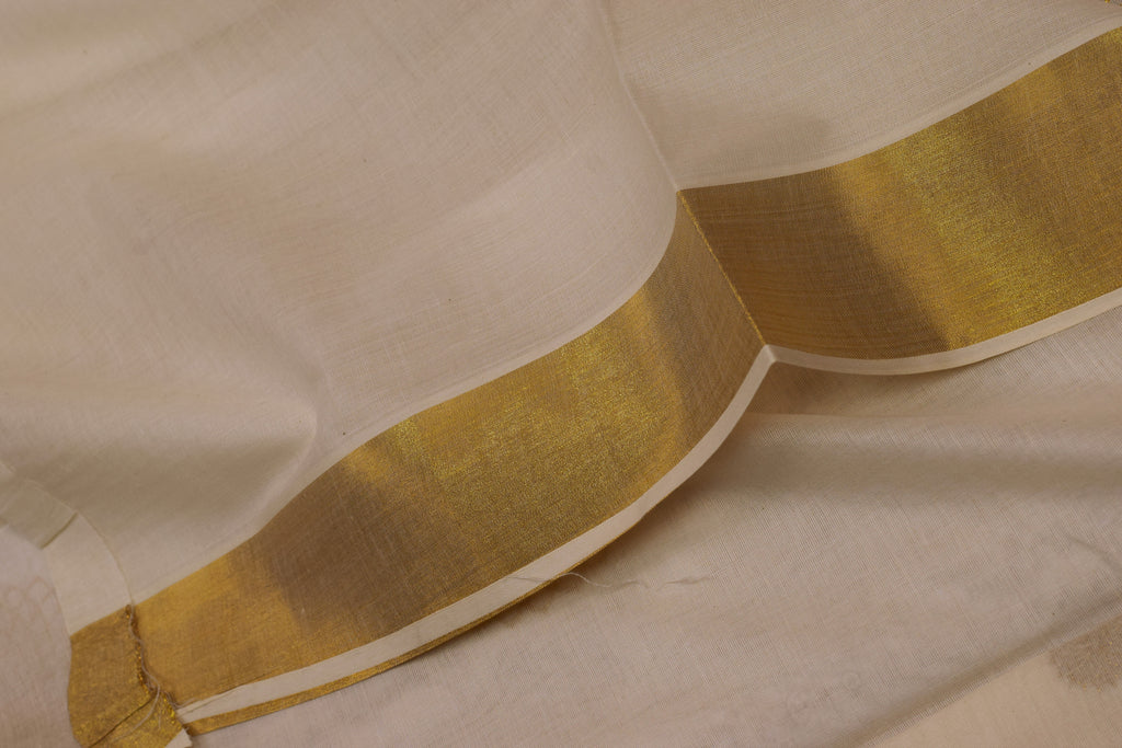 Kerala Kasavu Saree with Golden Floral Motif & Blouse