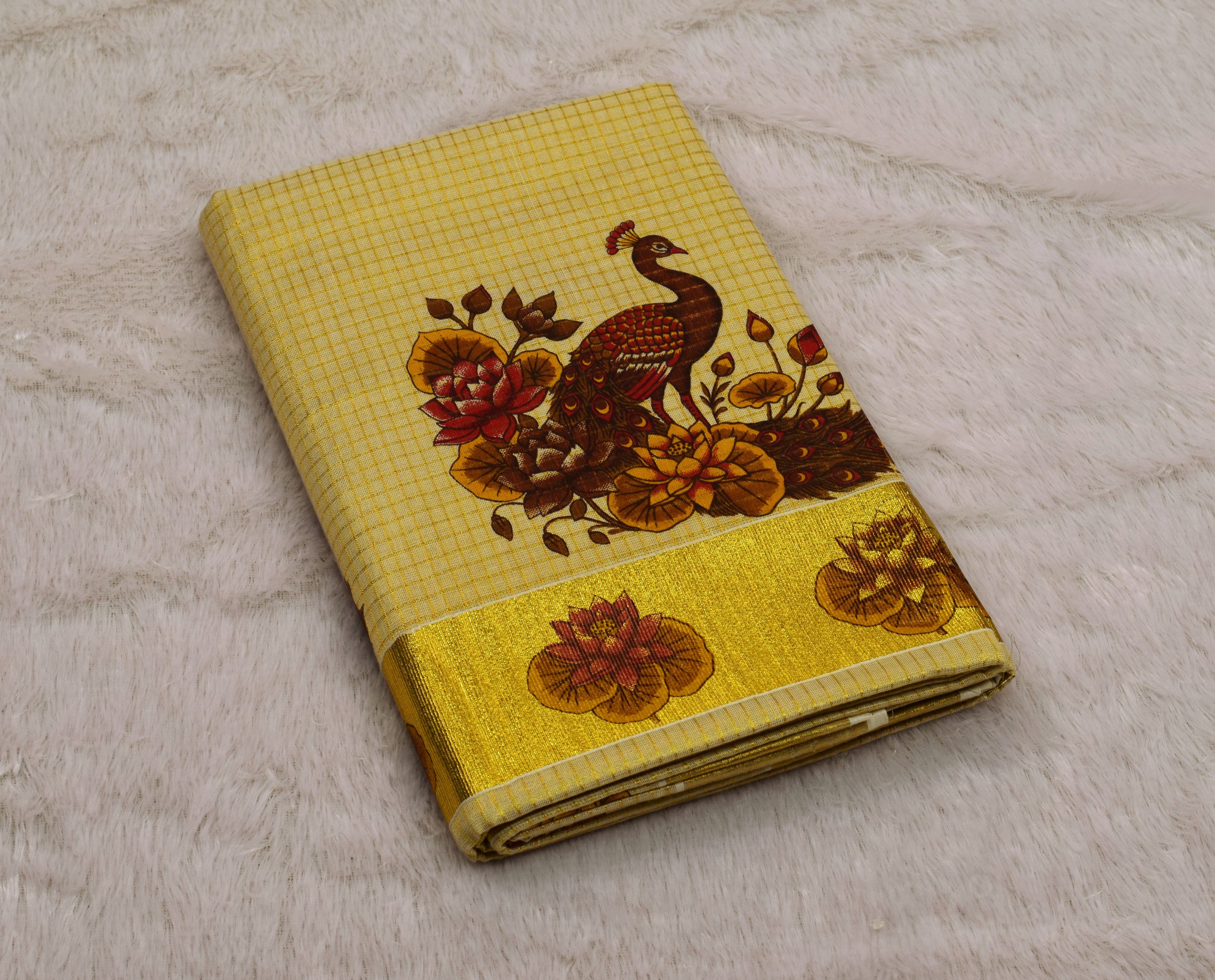 Golden Yellow Kerala Saree with Peacock Floral Print & Golden Border