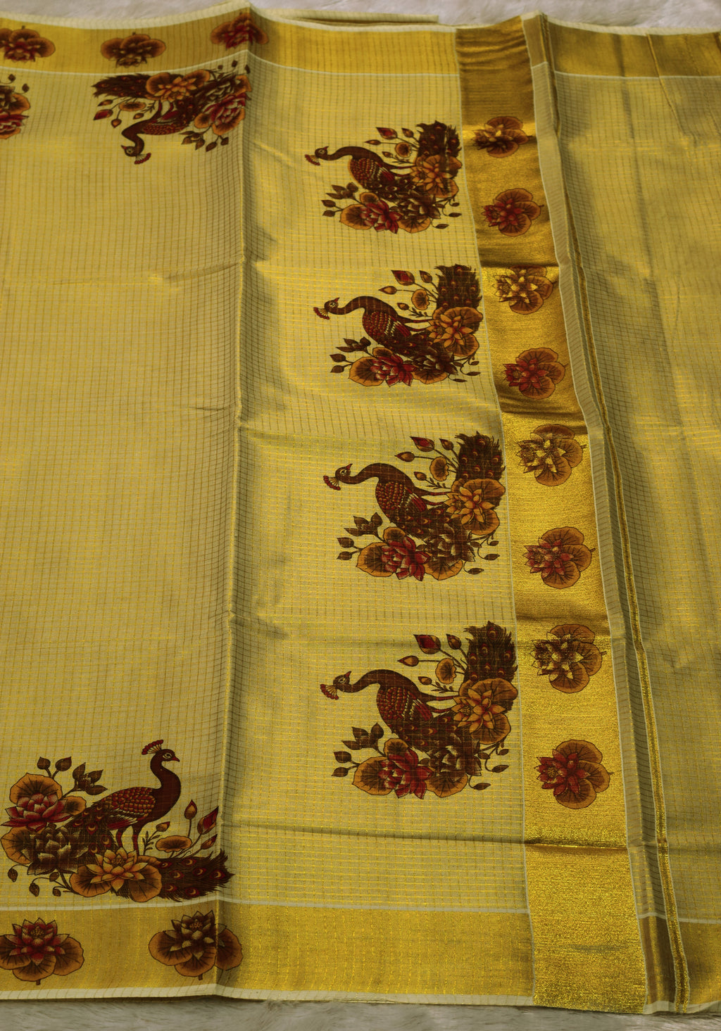 Golden Yellow Kerala Saree with Peacock Floral Print & Golden Border