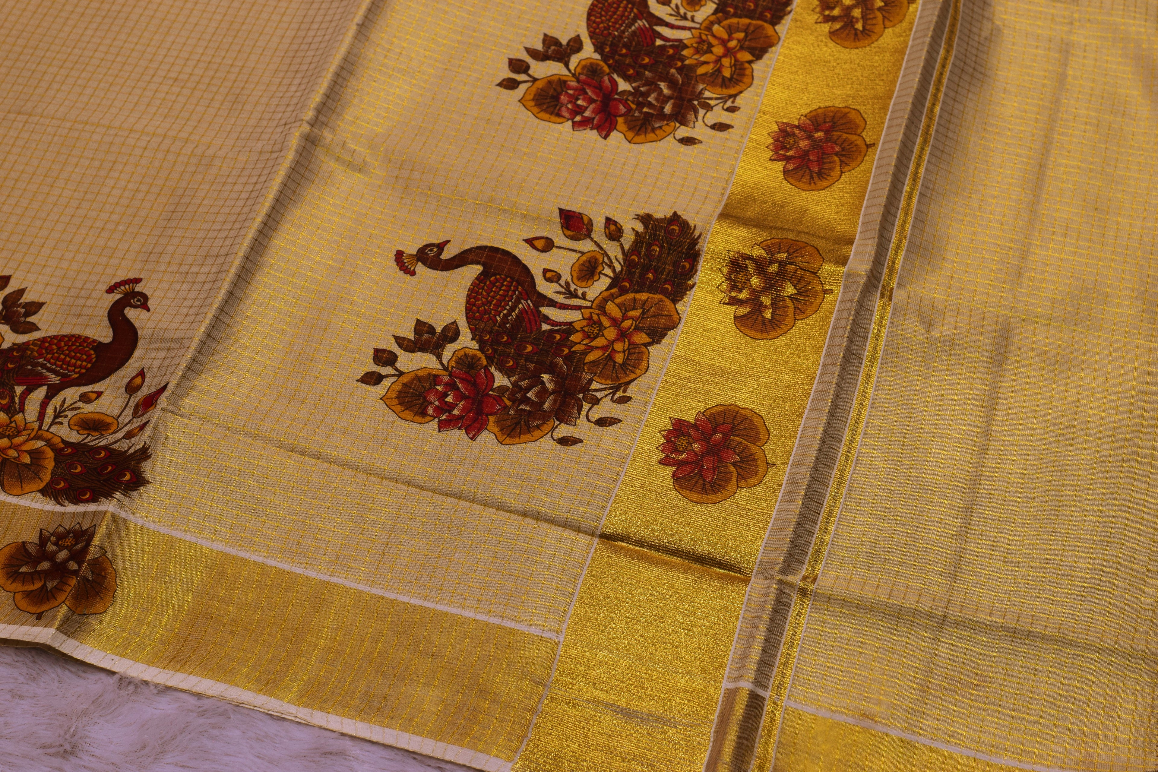 Golden Yellow Kerala Saree with Peacock Floral Print & Golden Border