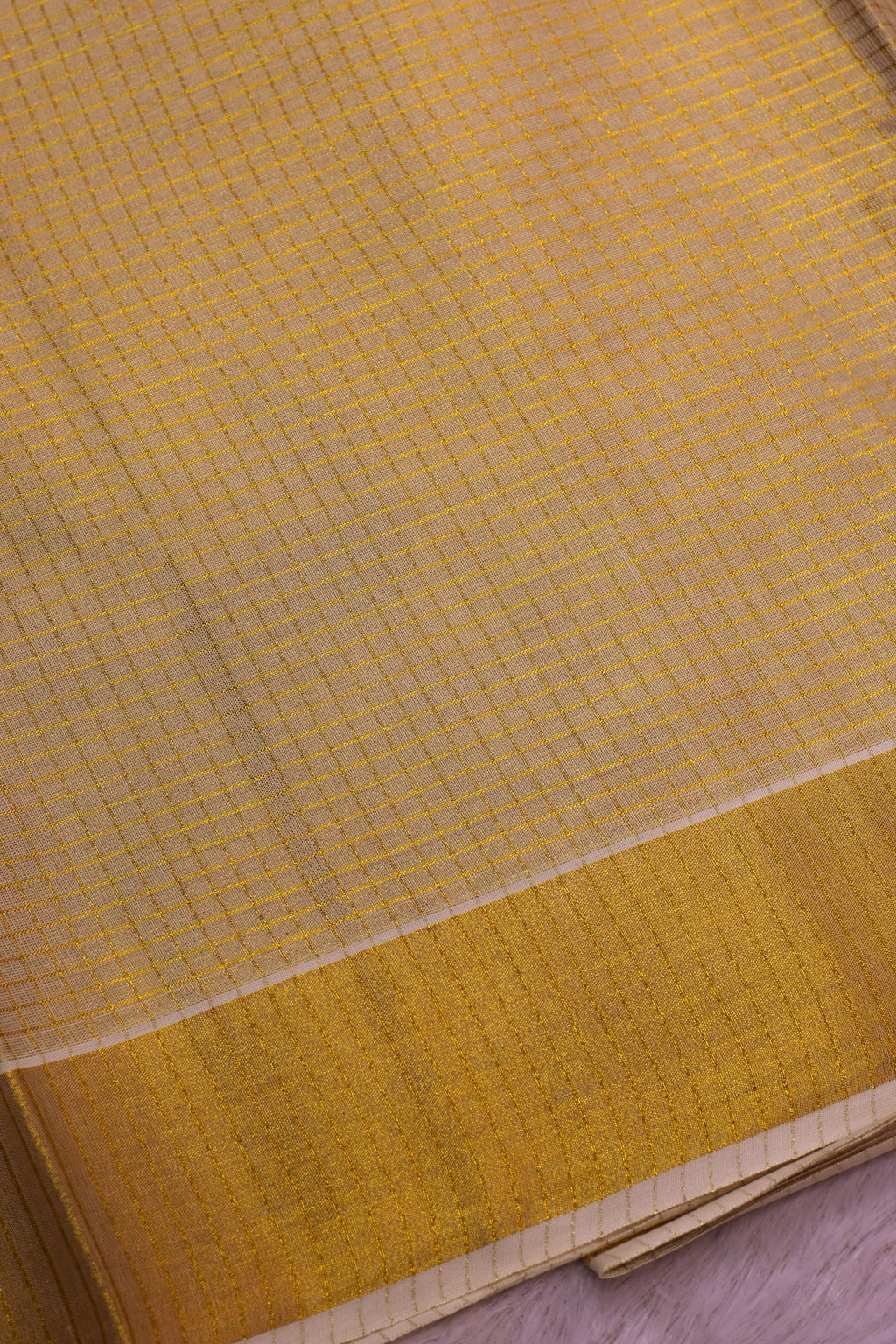 Golden Yellow Kerala Saree with Peacock Floral Print & Golden Border