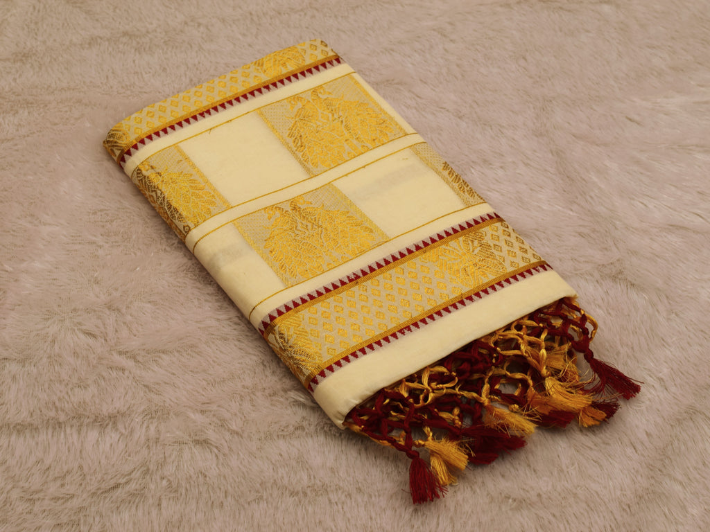 Kerala Cotton Saree with Gold & Maroon Kasavu Border and Designer Pallu – Blouse Included