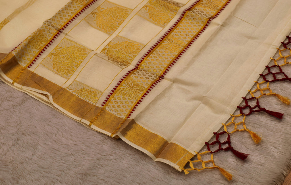 Kerala Cotton Saree with Gold & Maroon Kasavu Border and Designer Pallu – Blouse Included