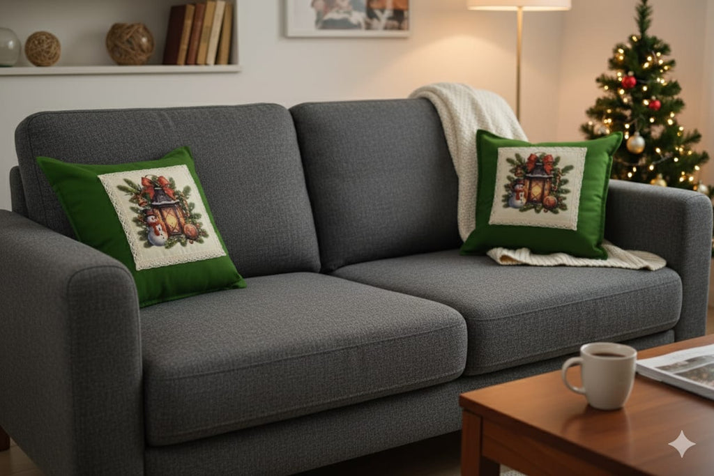 Festive Snowman Christmas Cushion Cover - Green 16x16 Inch - Main Product Image - Nushio