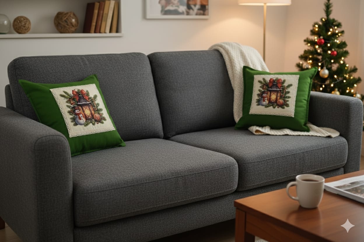 Festive Snowman Christmas Cushion Cover - Green 16x16 Inch - Main Product Image - Nushio