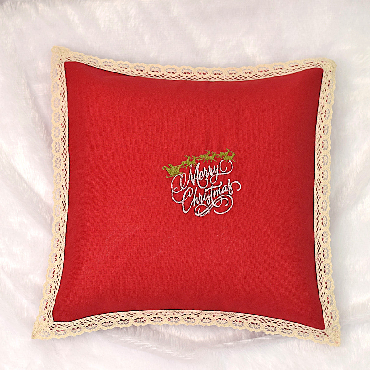 Christmas Red Cushion Cover 16x16 – Embroidered Merry Christmas with Lace – Nushio by Pulpel – view 6