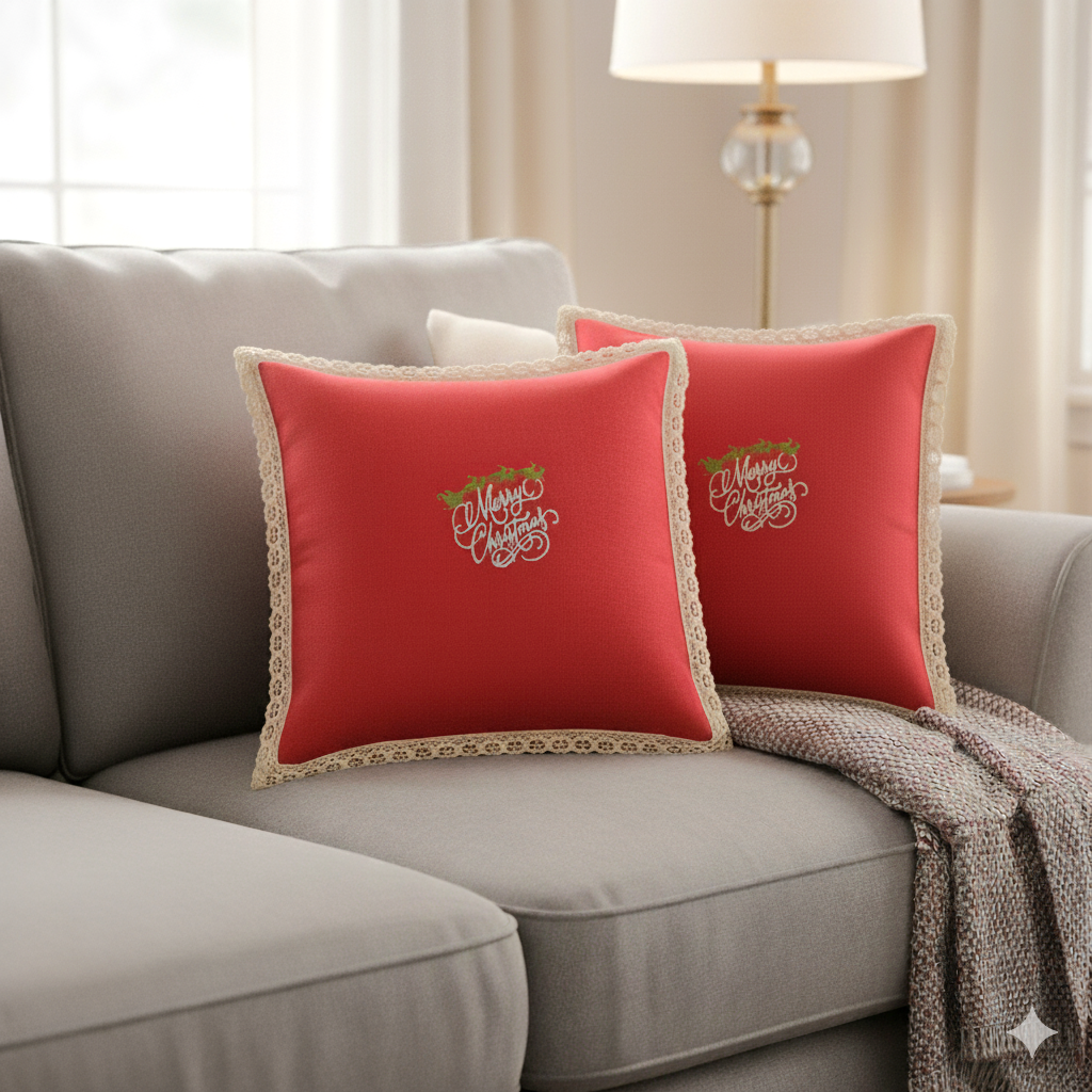 Christmas Red Cushion Cover 16x16 – Embroidered Merry Christmas with Lace – Nushio by Pulpel