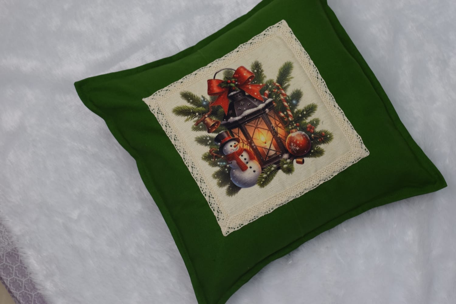 Festive Snowman Christmas Cushion Cover - Green 16x16 Inch