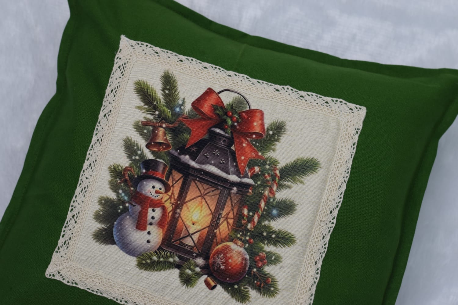 Festive Snowman Christmas Cushion Cover - Green 16x16 Inch