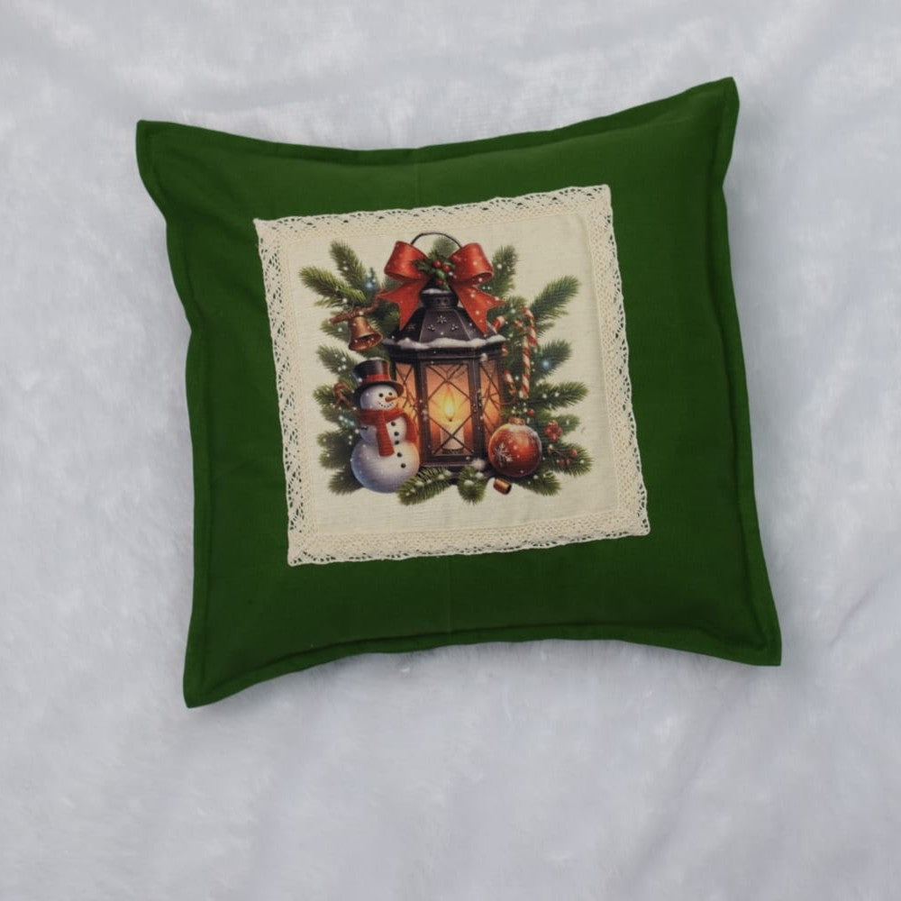 Festive Snowman Christmas Cushion Cover - Green 16x16 Inch
