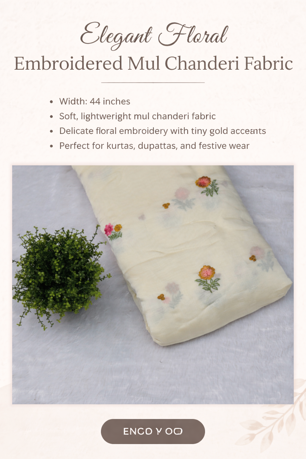 Premium Mul Chanderi Fabric with Floral Embroidery – 44 Inches Width |Lightweight Dress Material - Main Product Image - Floral - Nushio