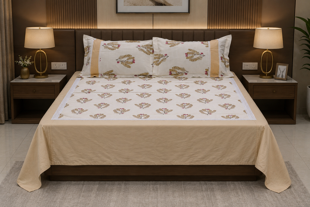 Elegant Beige Floral King Size Bedspread Set with Pillow Covers | Premium Cotton Blend Bedding