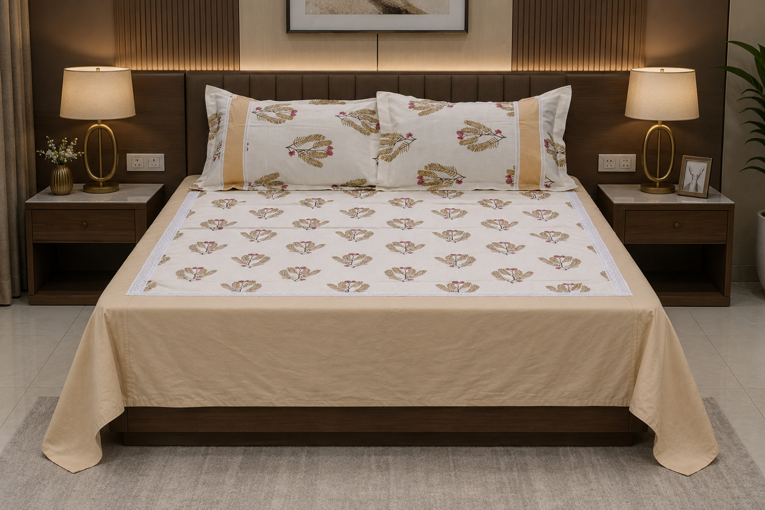 Elegant Beige Floral King Size Bedspread Set with Pillow Covers | Premium Cotton Blend Bedding