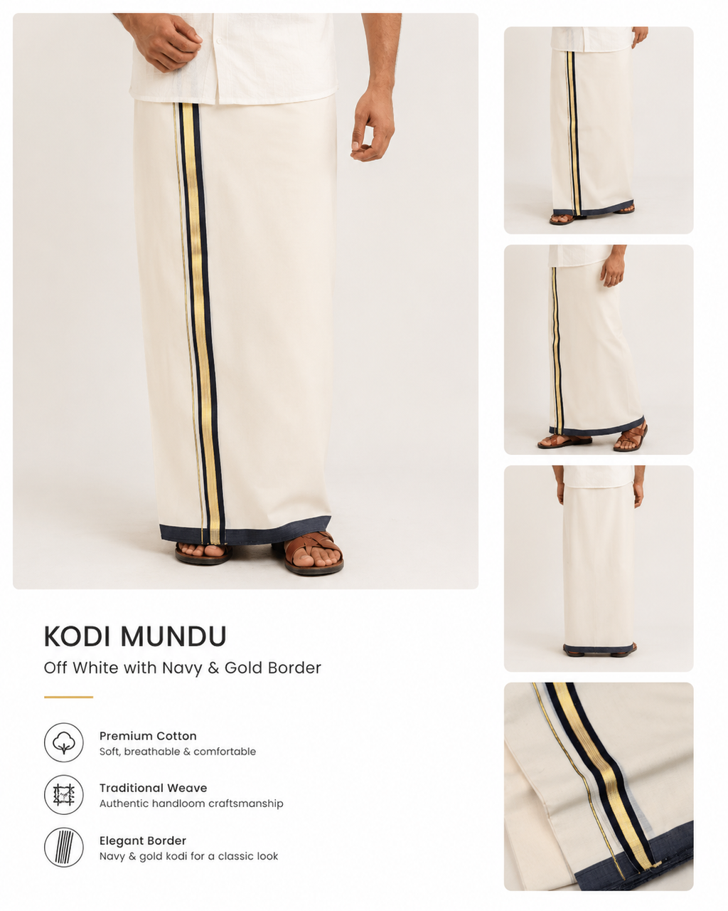 Premium Off-White Double Mundu with Charcoal Blue & Gold Zari Border