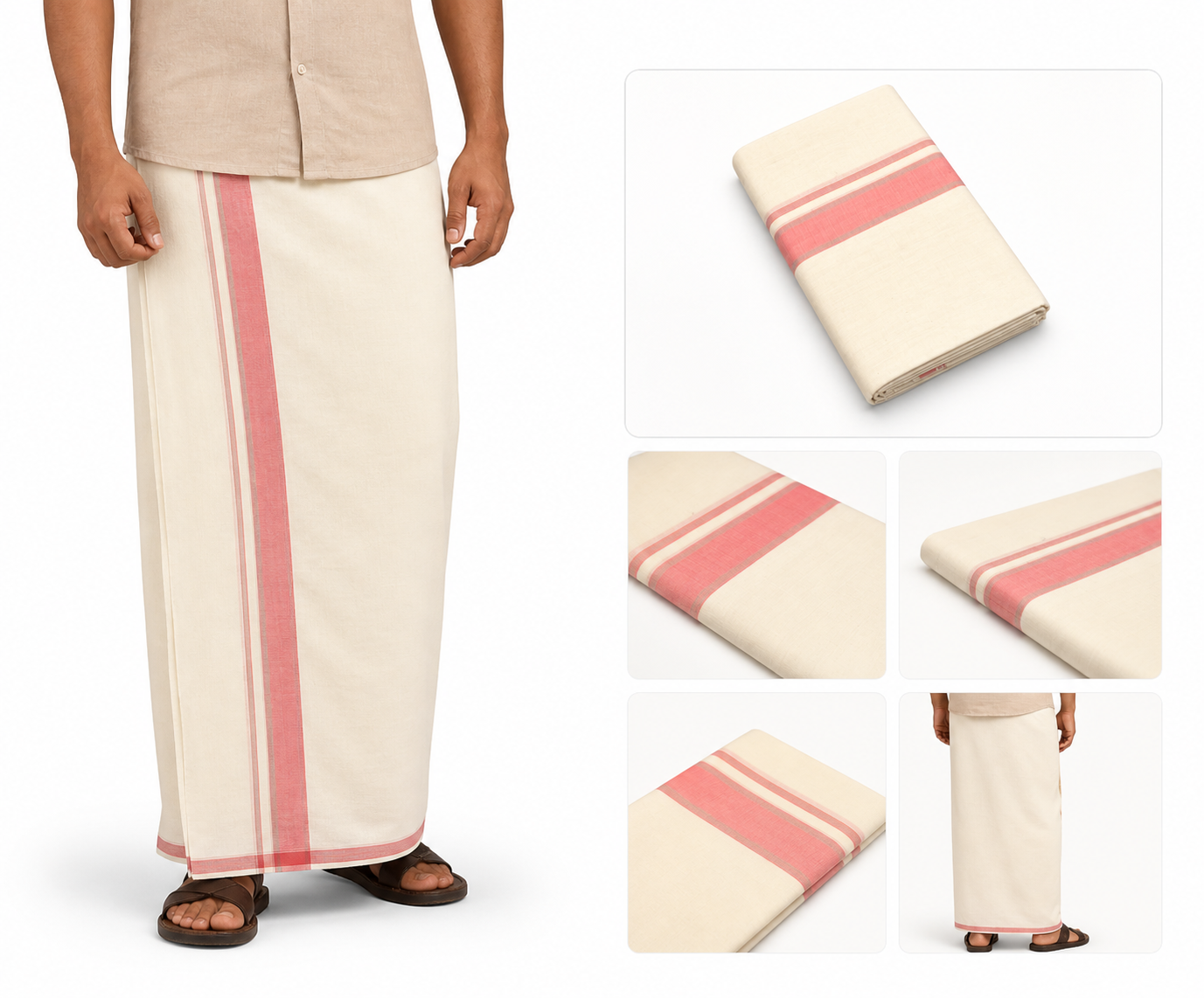 Premium Cotton Double Mundu with Elegant Pink Border