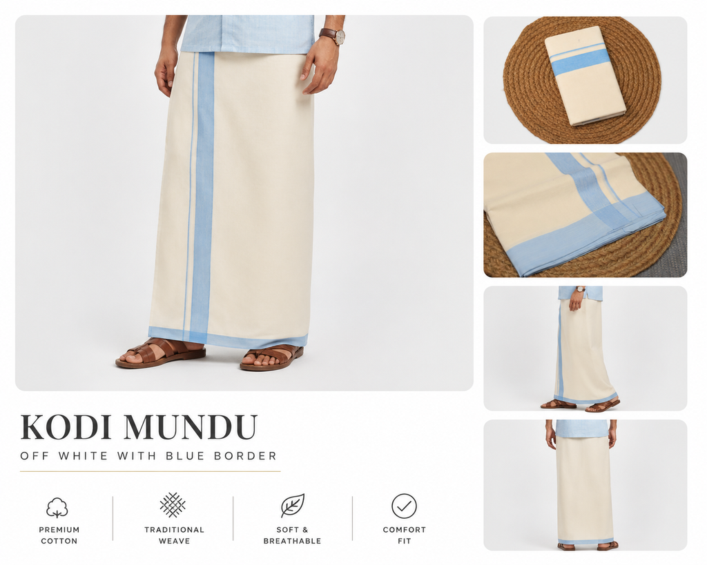 Premium Off-White Kodi Mundu – Cotton Double Mundu with Blue Kara Border