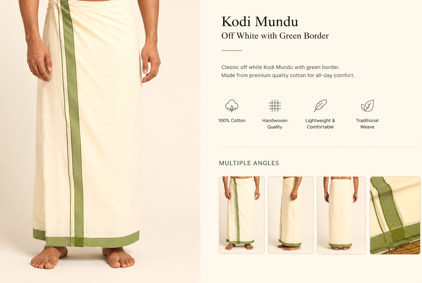 Premium Kodi Green Border Off-White Cotton Double Mundu