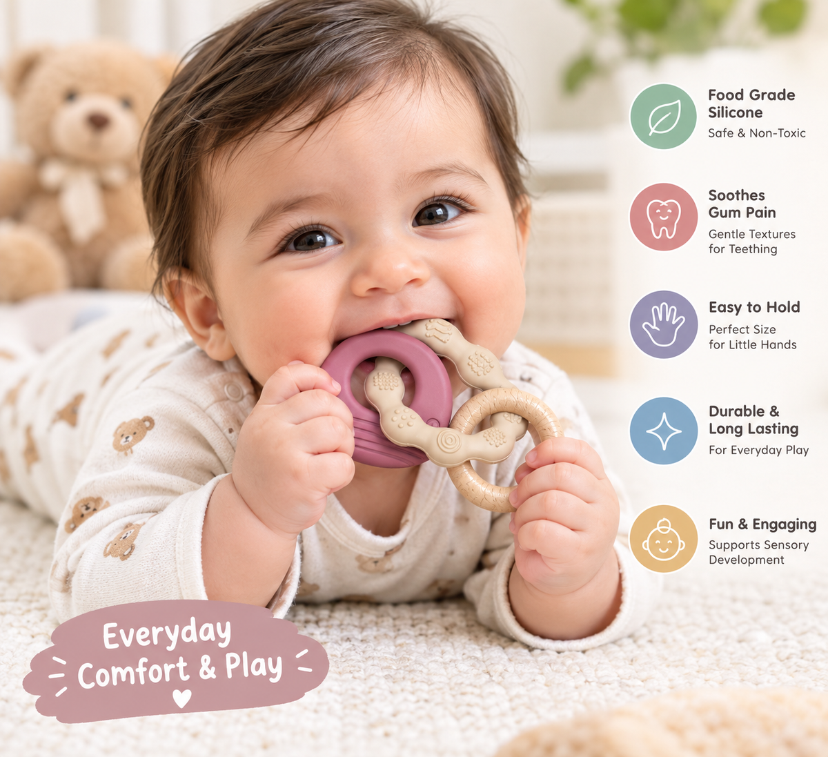 Silicone & Natural Wood Whale Teether Ring Set – Soothing Teething Toy for Babies