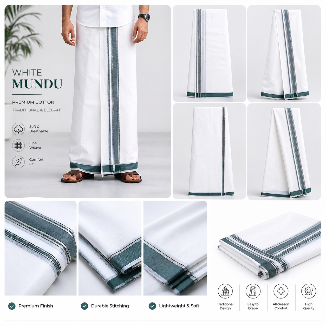 Premium White Cotton Mundu with Elegant Dark Green &Silver Kasavu Border