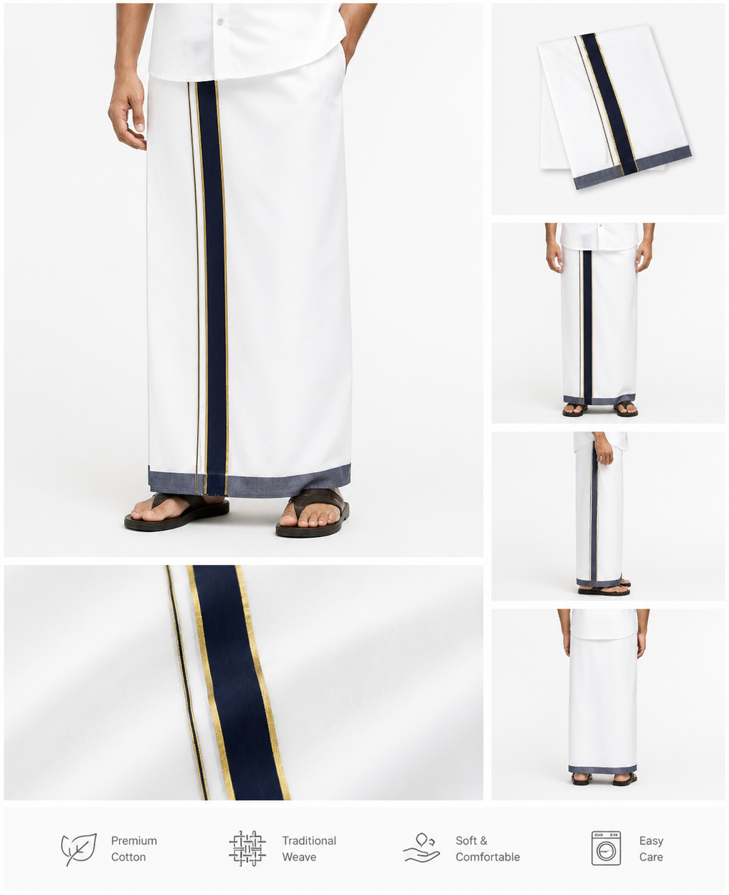 Traditional solid white body with a dual-tone Navy and Gold border