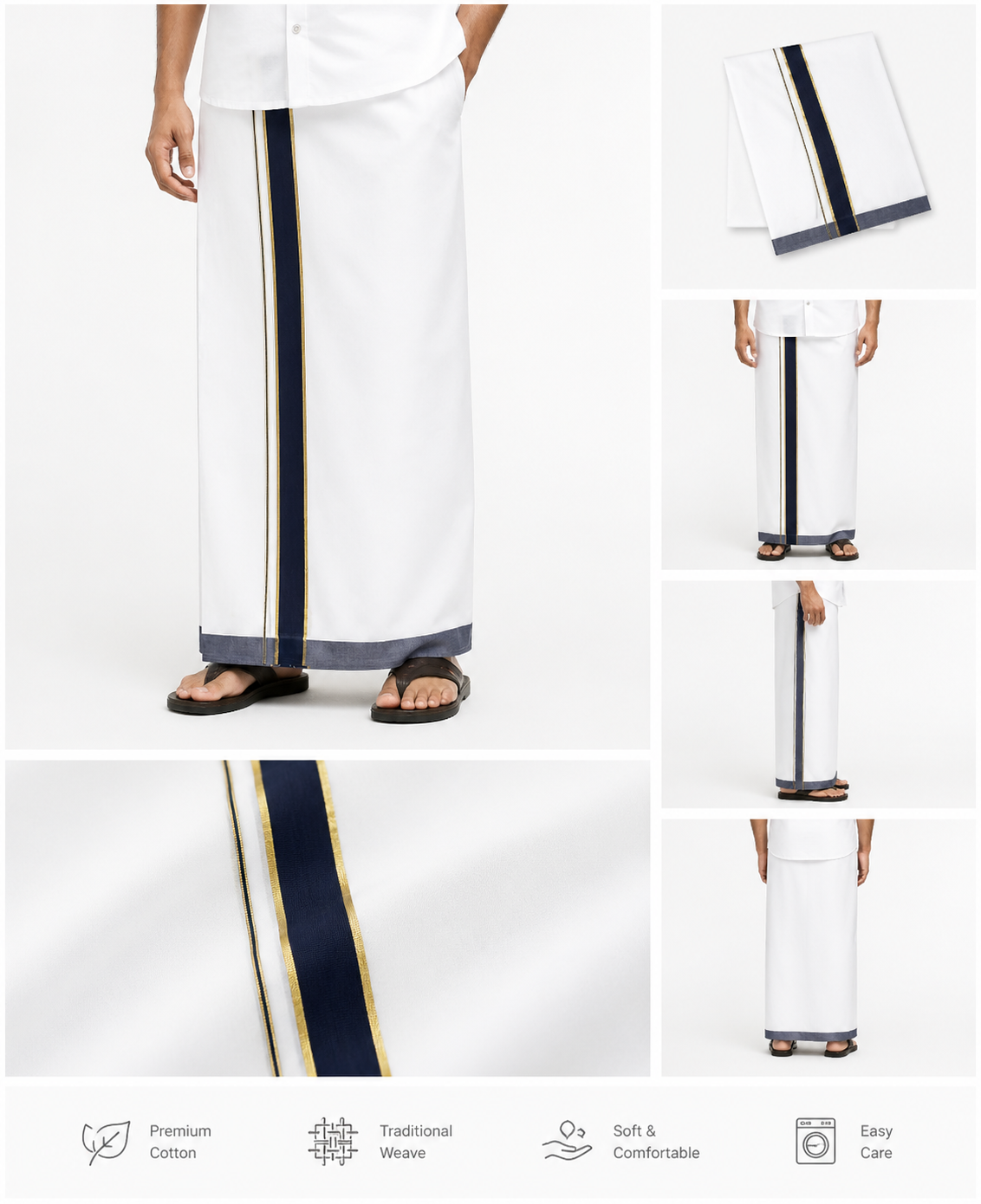 Traditional solid white body with a dual-tone Navy and Gold border