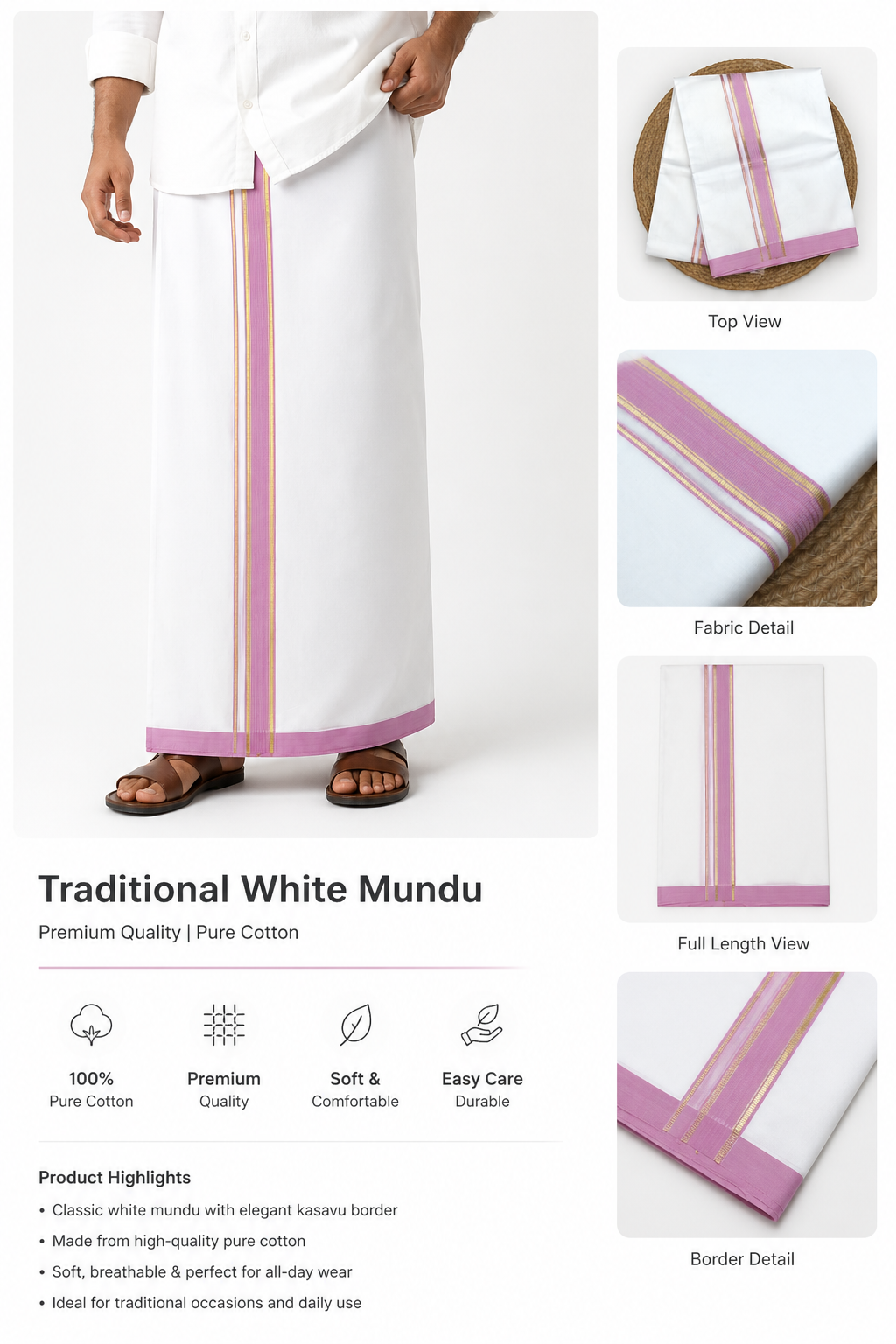 Traditional White Cotton Mundu with Rose Pink & Gold Kasavu Border