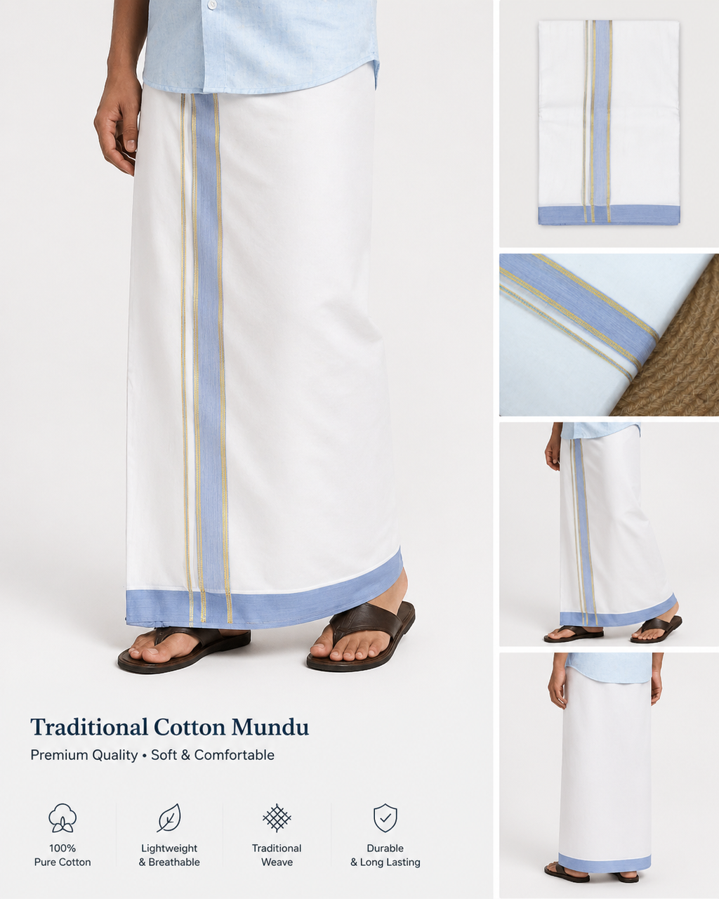 Premium White Cotton Mundu with Lavender Blue & Gold Kasavu Border