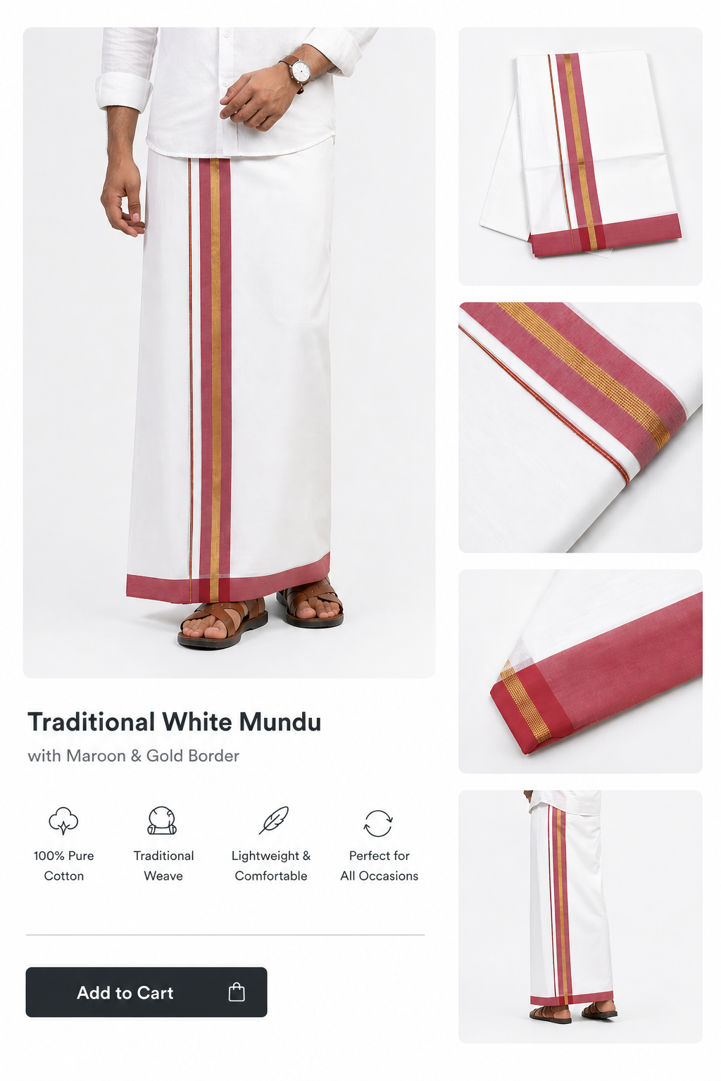 Premium Kerala Cotton Double Mundu - White with Maroon & Gold Border