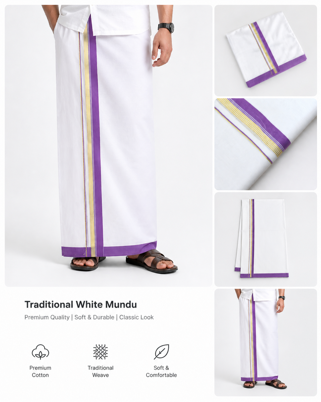 Premium White Cotton Double Mundu with Lavender & Gold Zari Border