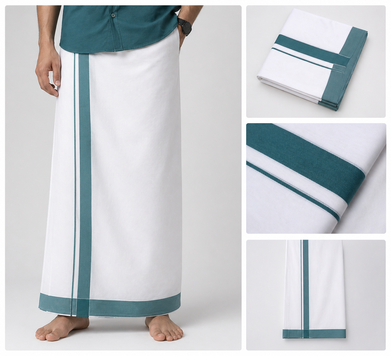 Premium White Cotton Double Mundu with Teal Green Border