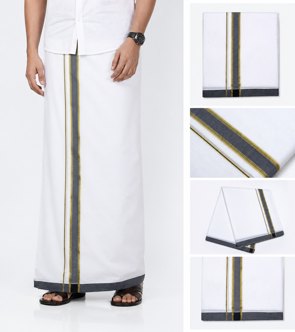 Premium White Cotton Double Mundu with Charcoal Grey and Gold Kasavu Border