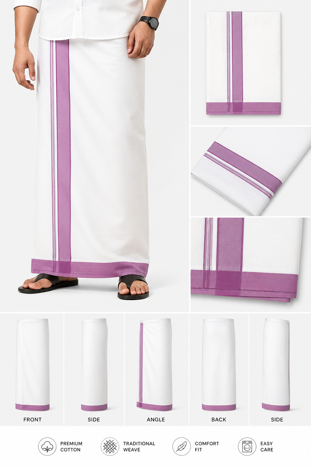 Premium White Cotton Double Mundu with Elegant Mauve Border