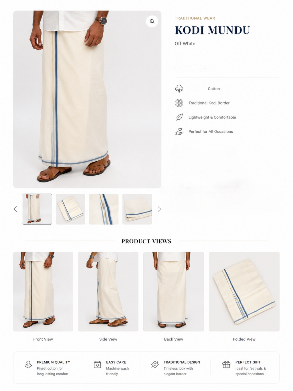 Premium Off-White Cotton Double Mundu with Teal Blue
